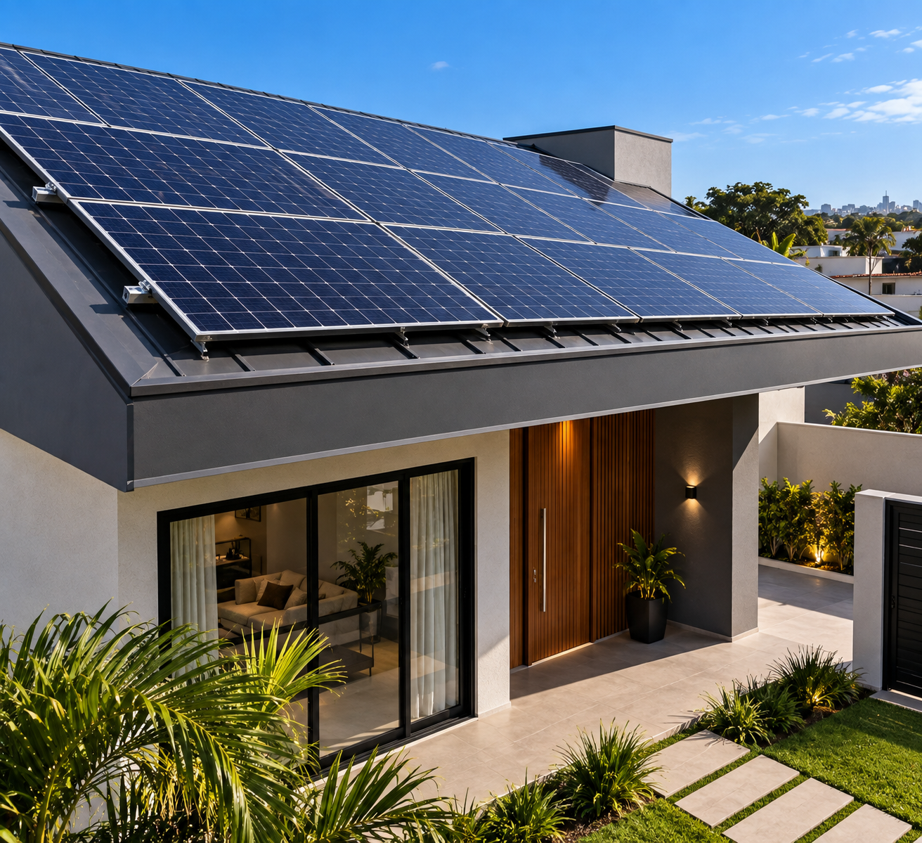 Casa moderna com painéis solares no telhado
