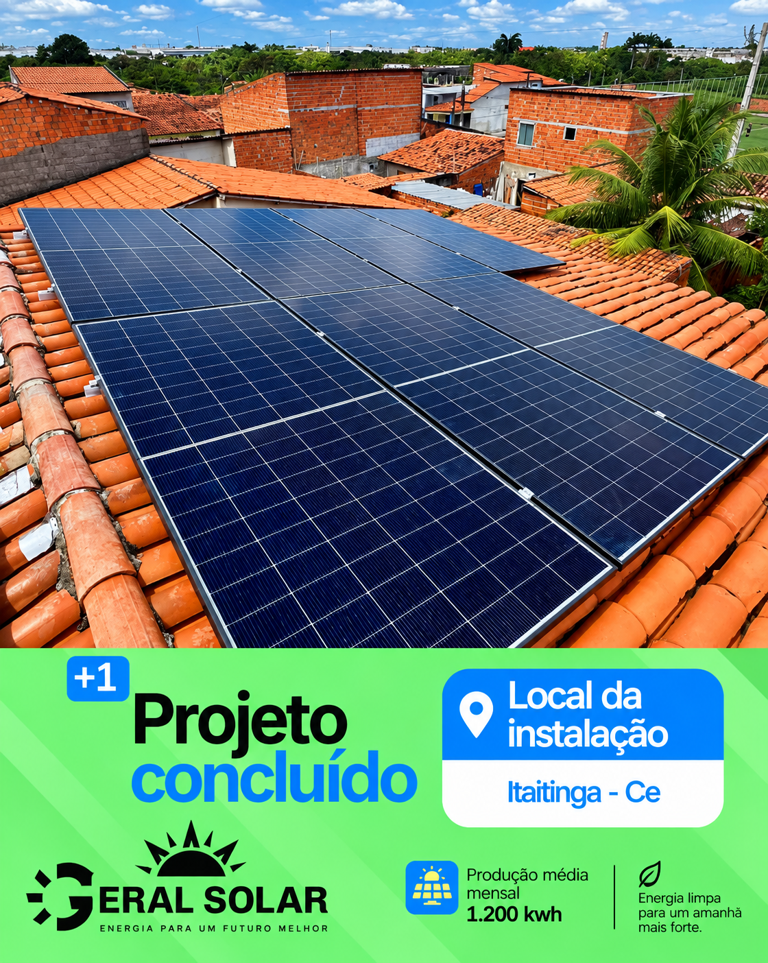 Projeto concluído de painéis solares em telhado em Itaitinga, Ceará