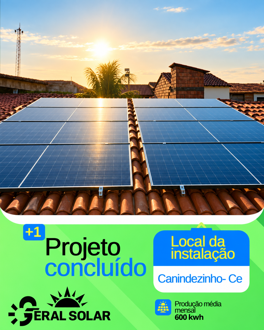 Projeto concluído de painéis solares em telhado em Canindezinho, Ceará